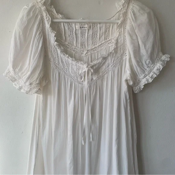 Doen Ainsley Cotton Ruffle Lace Babydoll Nightgown Mini Dress Salt White - Picture 7 of 12